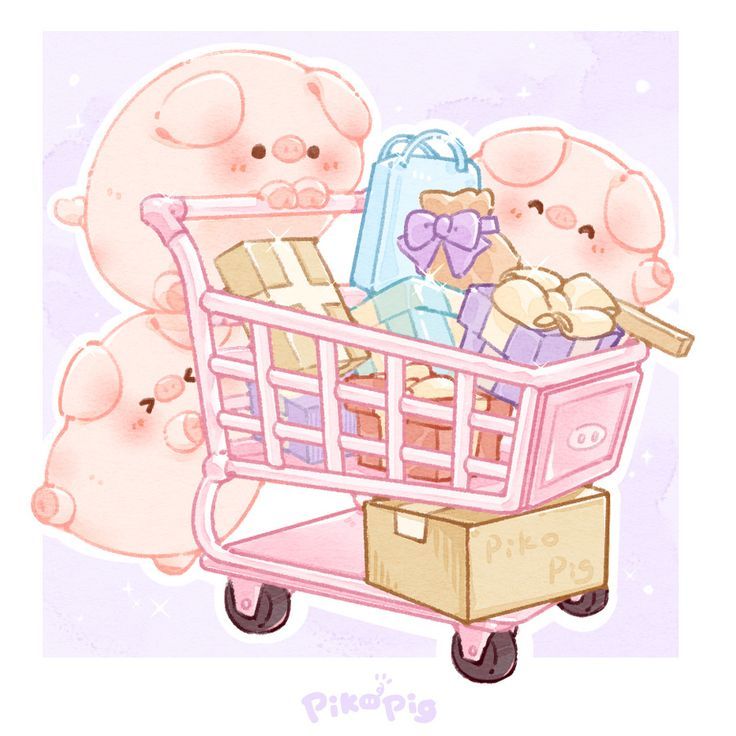 Hình nền heo chibi màu hồng - đi siêu thị
