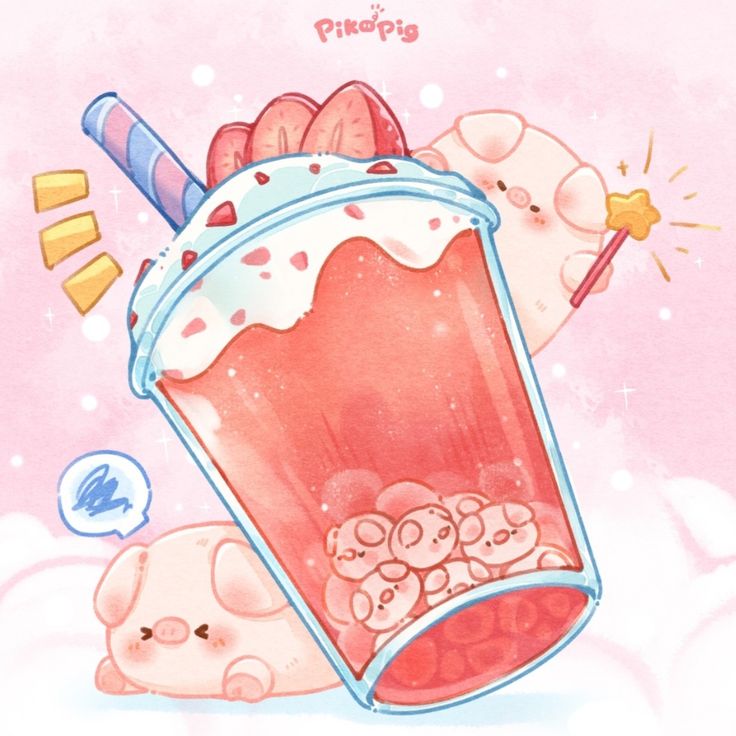Hình nền heo chibi màu hồng - ly nước