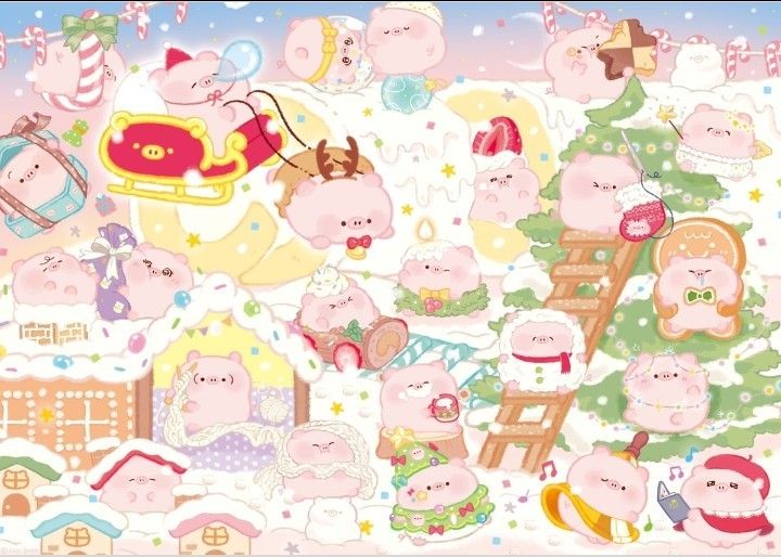 Hình nền heo chibi màu hồng - mùa đông ấm áp