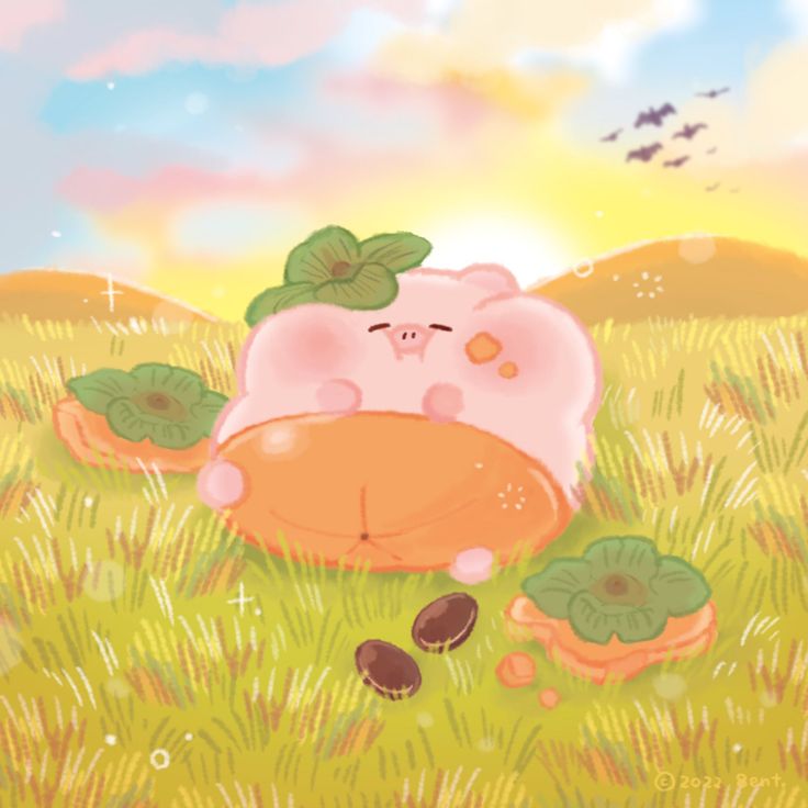 Hình nền heo chibi màu hồng - nằm giữa canh đồng