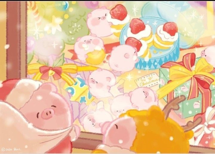 Hình nền heo chibi màu hồng - phiên bản ông già noel