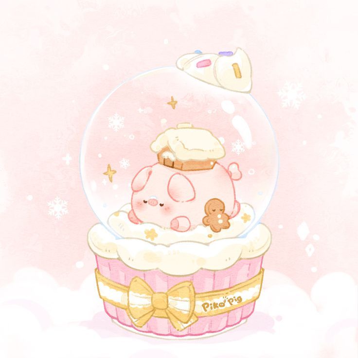 Hình nền heo chibi màu hồng - quả cầu tuyết