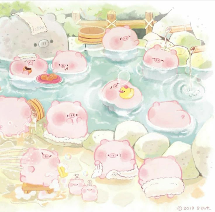 Hình nền heo chibi màu hồng - tắm suối nước nóng