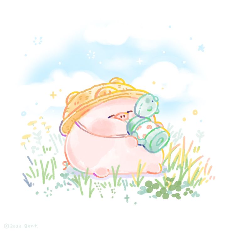 Hình nền heo chibi màu hồng - uống nước