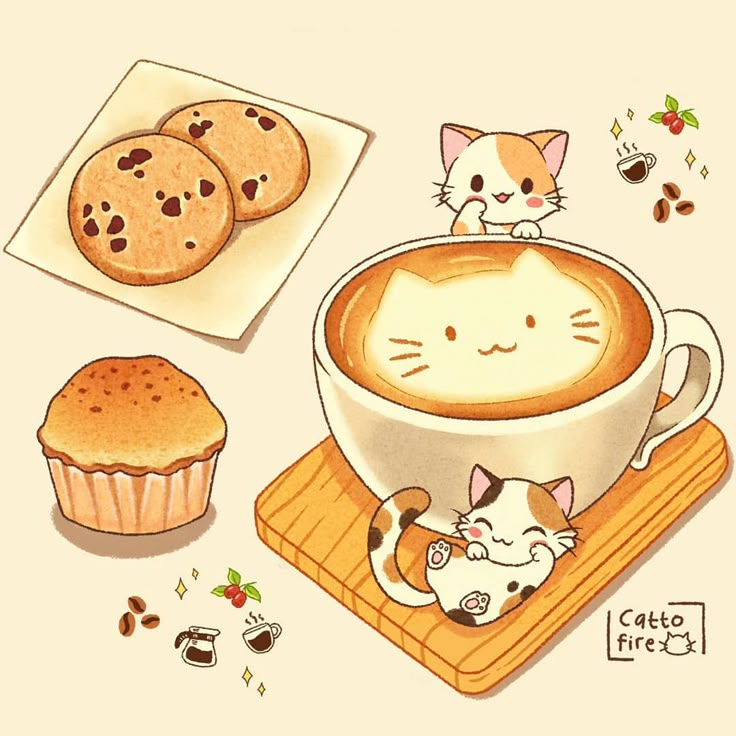 Hình nền mèo chibi - cà phê và bánh