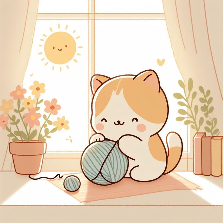 Hình nền mèo chibi - mèo chơi với cuộn len