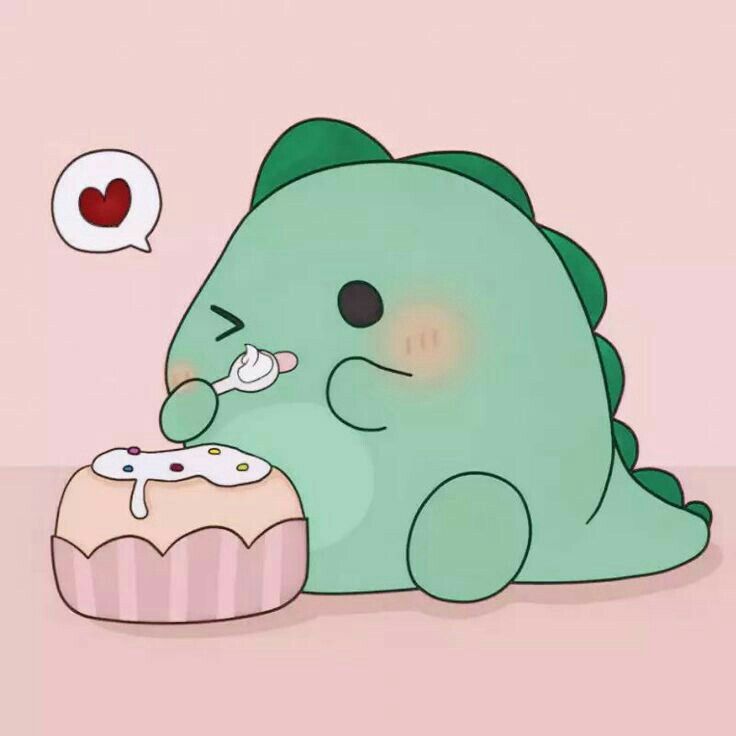 Hình vẽ khủng long chibi cute - ăn bánh ngọt