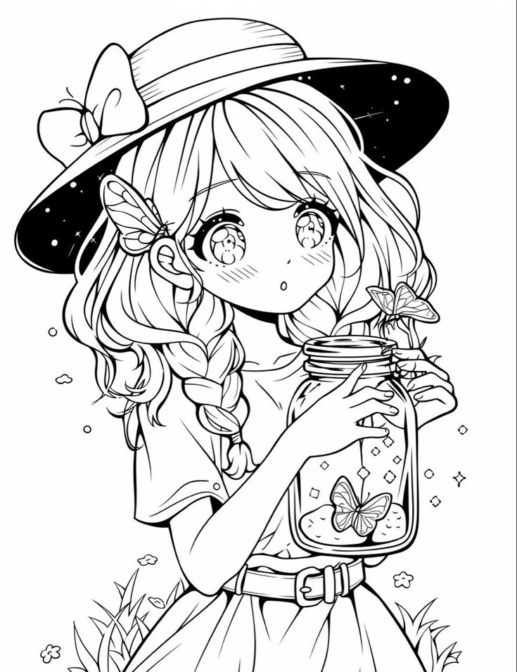Tranh tô màu búp bê chibi cute - bắt bướm