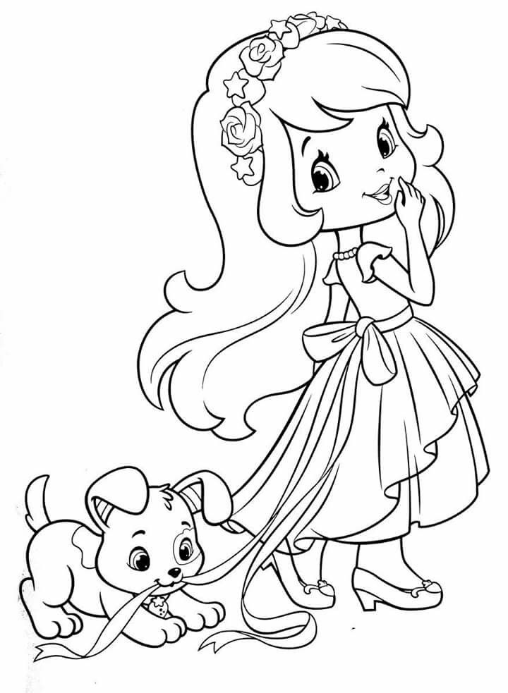 Tranh tô màu búp bê chibi cute - bé gái và cún con