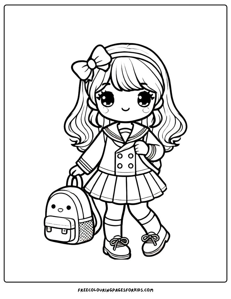 Tranh tô màu búp bê chibi cute - bé gái đi học