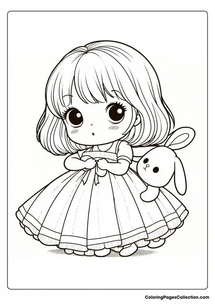 Tranh tô màu búp bê chibi cute - bé gái tóc ngắn