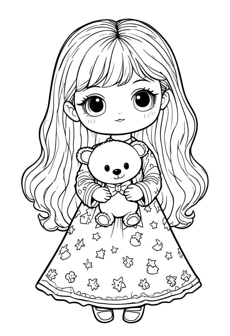 Tranh tô màu búp bê chibi cute - bé gái và gấu bông