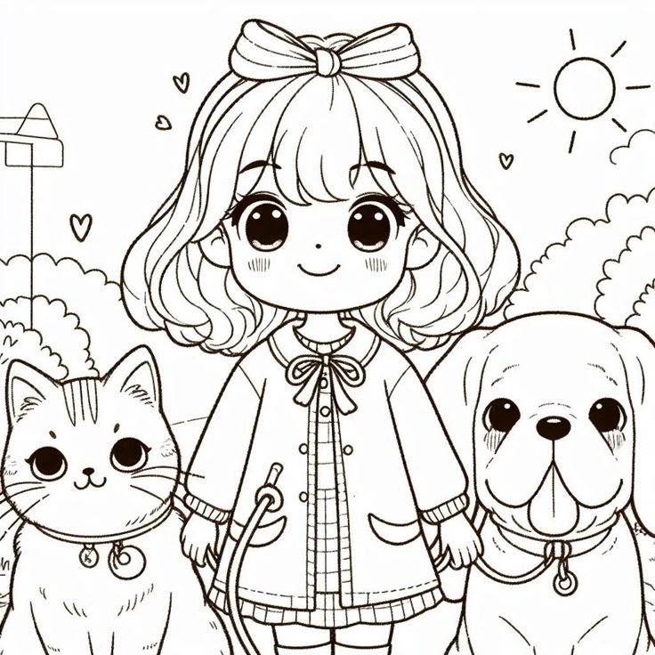 Tranh tô màu búp bê chibi cute - bé và thú cưng