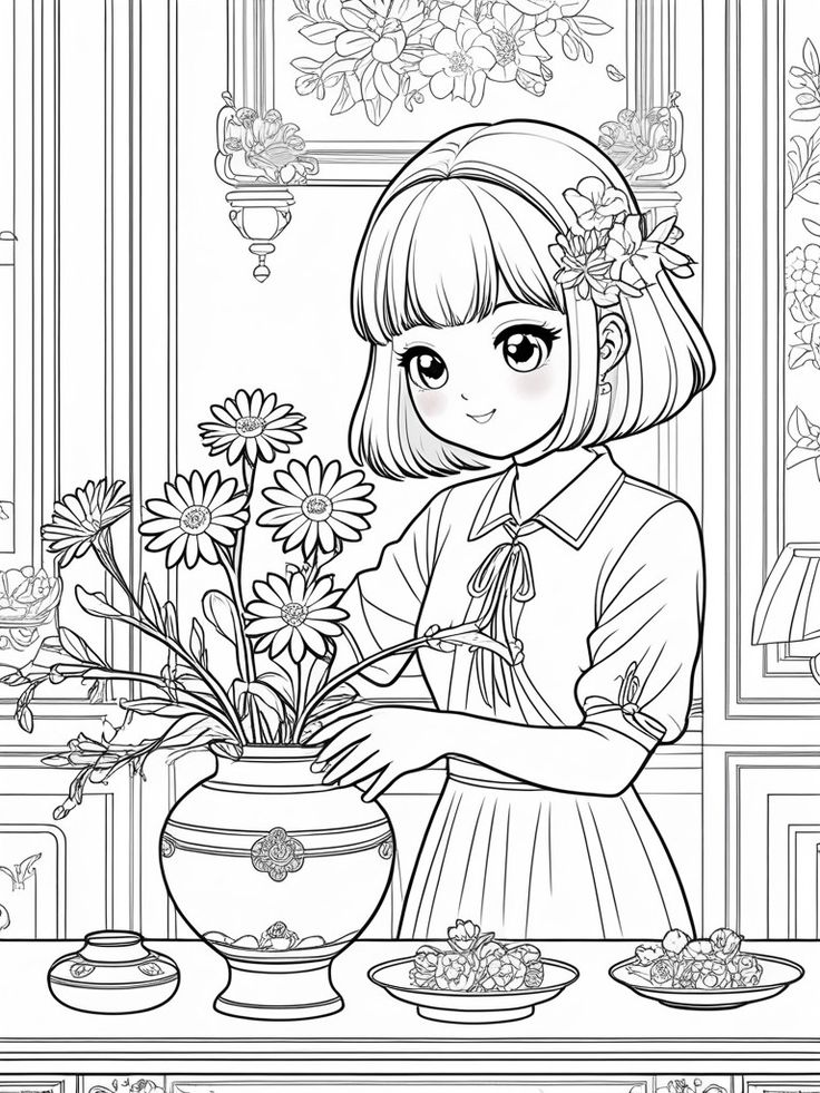 Tranh tô màu búp bê chibi cute - cắm hoa