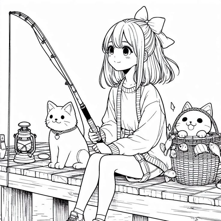 Tranh tô màu búp bê chibi cute - câu cá