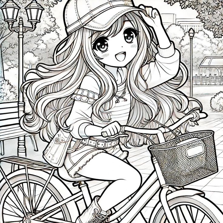Tranh tô màu búp bê chibi cute - đạp xe