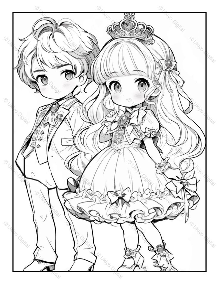 Tranh tô màu búp bê chibi cute - hoàng tử và công chúa