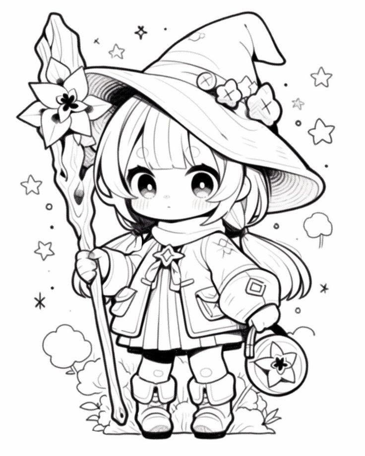 Tranh tô màu búp bê chibi cute - phù thủy phép thuật