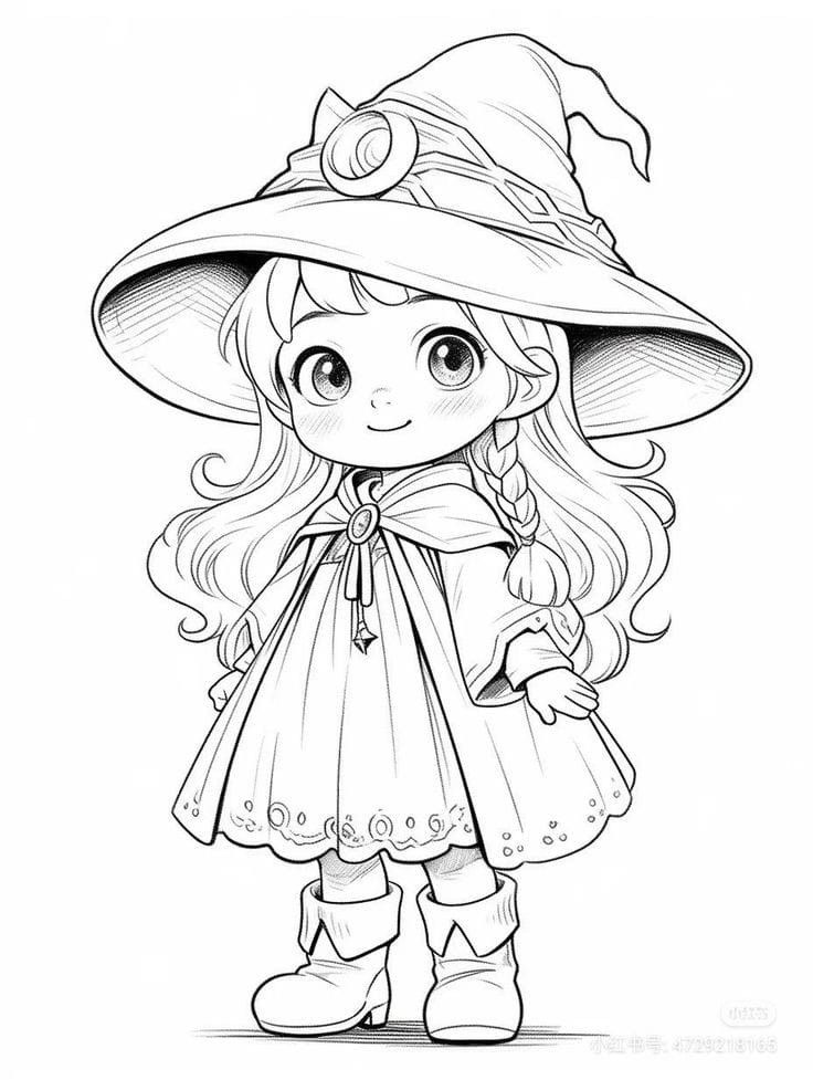 Tranh tô màu búp bê chibi cute - phù thủy