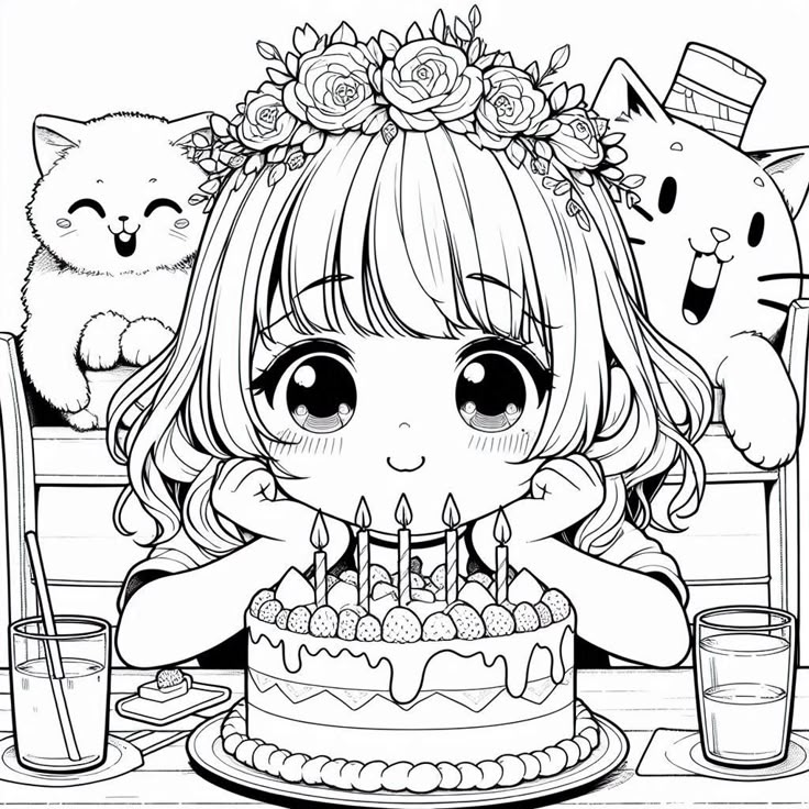 Tranh tô màu búp bê chibi cute - sinh nhật