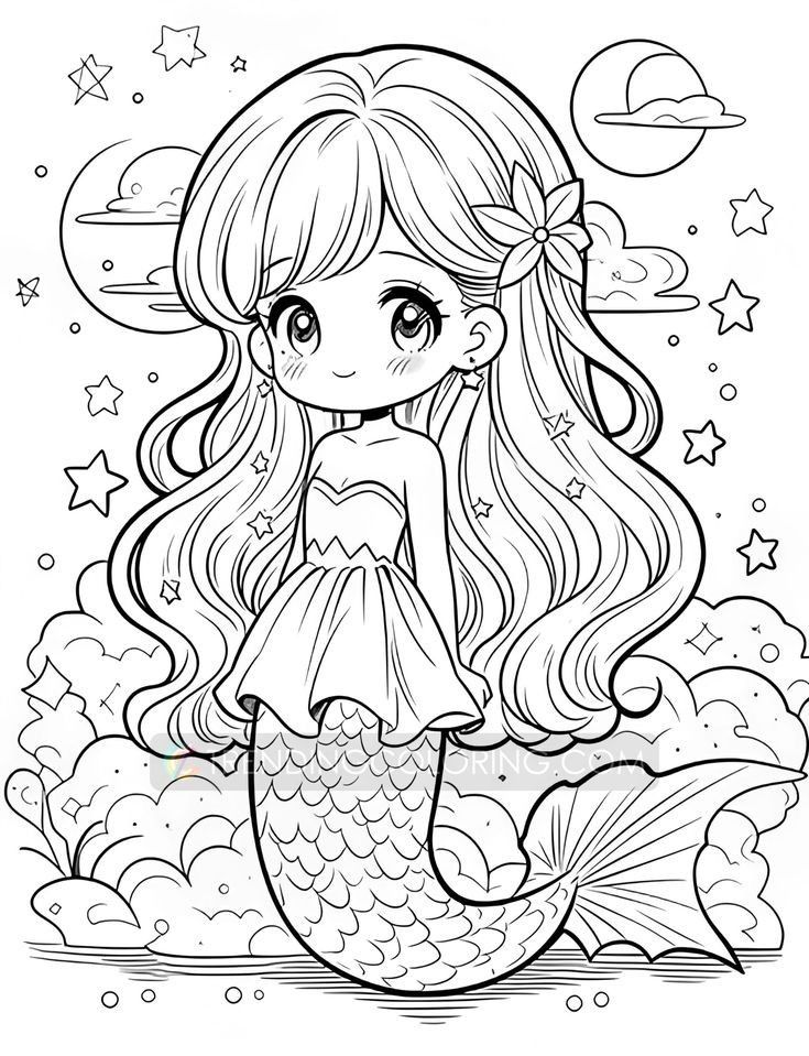 Tranh tô màu búp bê chibi cute - tiên cá