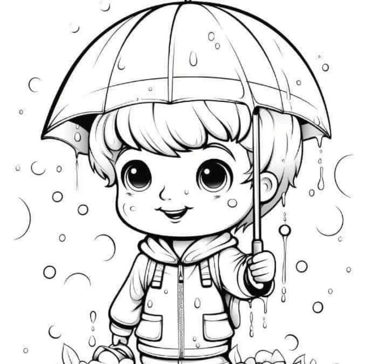 Tranh tô màu búp bê chibi cute - trời mưa
