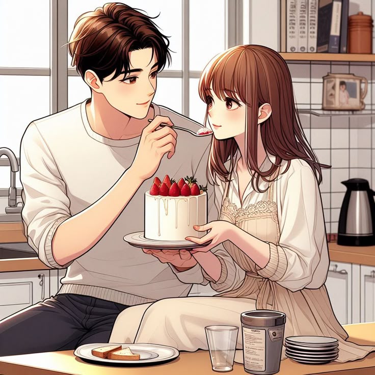 Hình ảnh cặp đôi chibi cute - ăn bánh