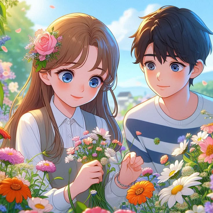 Hình ảnh cặp đôi chibi cute - hái hoa