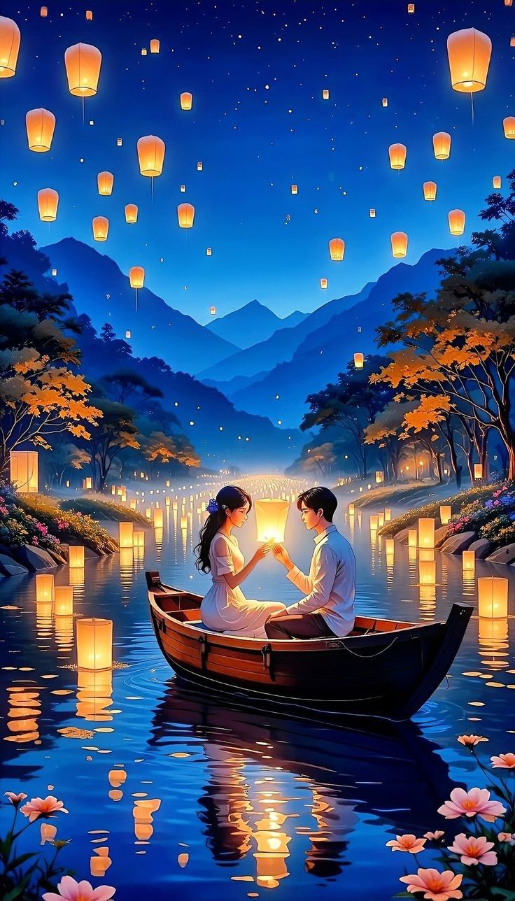 Hình ảnh cặp đôi chibi cute - thả đèn lồng