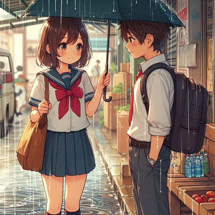 Hình ảnh cặp đôi chibi cute - trời mưa