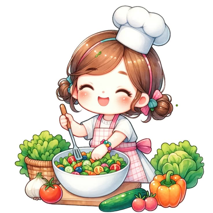 Hình ảnh chibi đầu bếp ngộ nghĩnh - Trộn salad