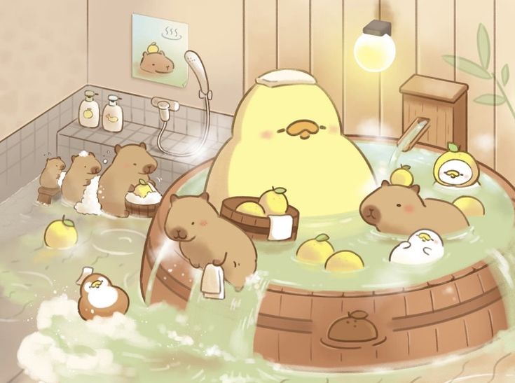 Hình ảnh chibi động vật cute - Bể bơi của vịt và capybara