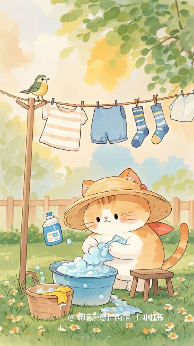 Hình ảnh chibi động vật cute - Bé mèo giặt đò 