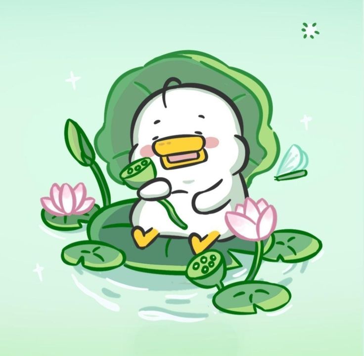 Hình ảnh chibi động vật cute - hoa sen và vịt 