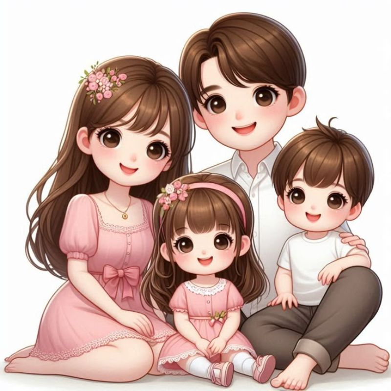 Hình ảnh chibi gia đình 4 người hạnh phúc