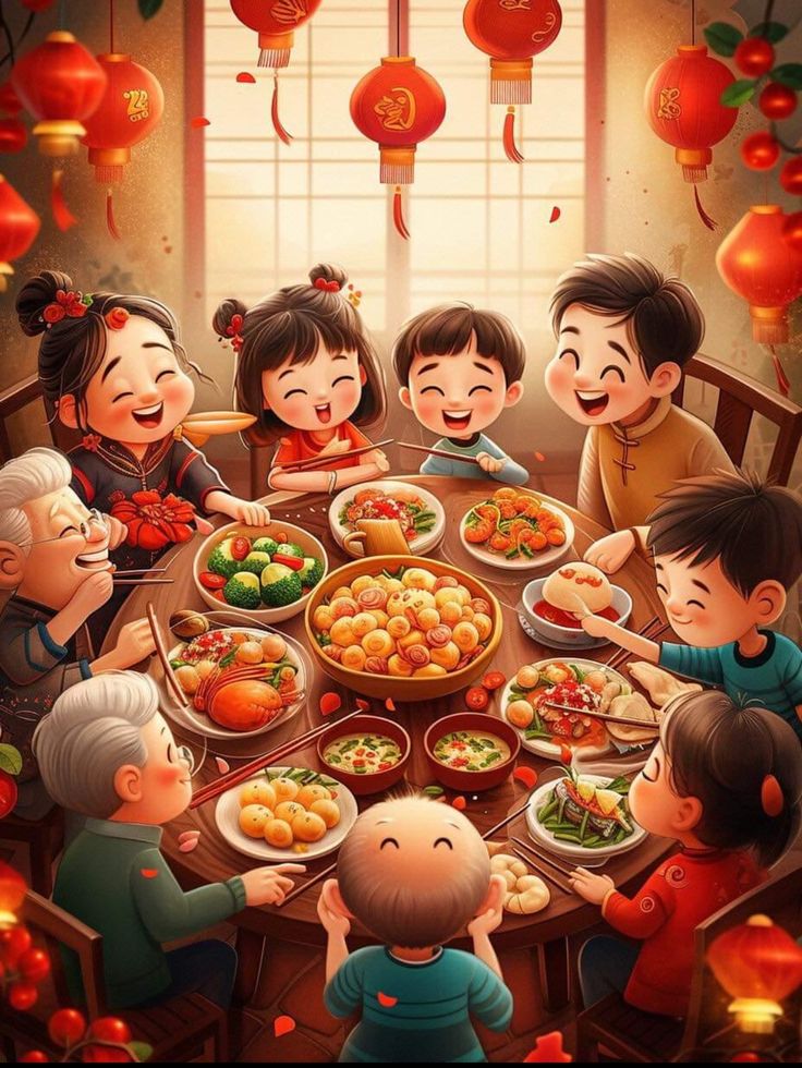 Hình ảnh chibi gia đình -Bữa cơm ngày tết 