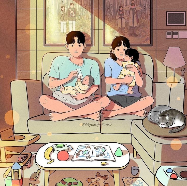 Hình ảnh chibi gia đình - Chăm sóc em bé 