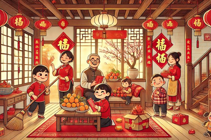 Hình ảnh chibi gia đình - Dọn nhà đón tết