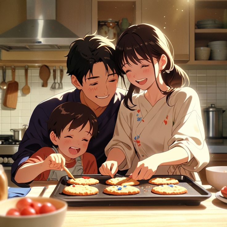 Hình ảnh chibi gia đình - gia đình làm bánh 