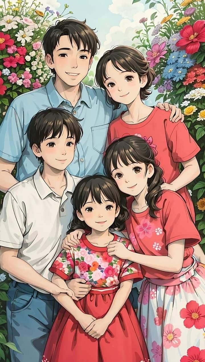 Hình ảnh chibi gia đình - trong vườn hoa 
