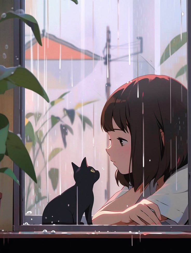 Hình ảnh chibi mệt mỏi cute - Ngắm mưa cùng mèo con