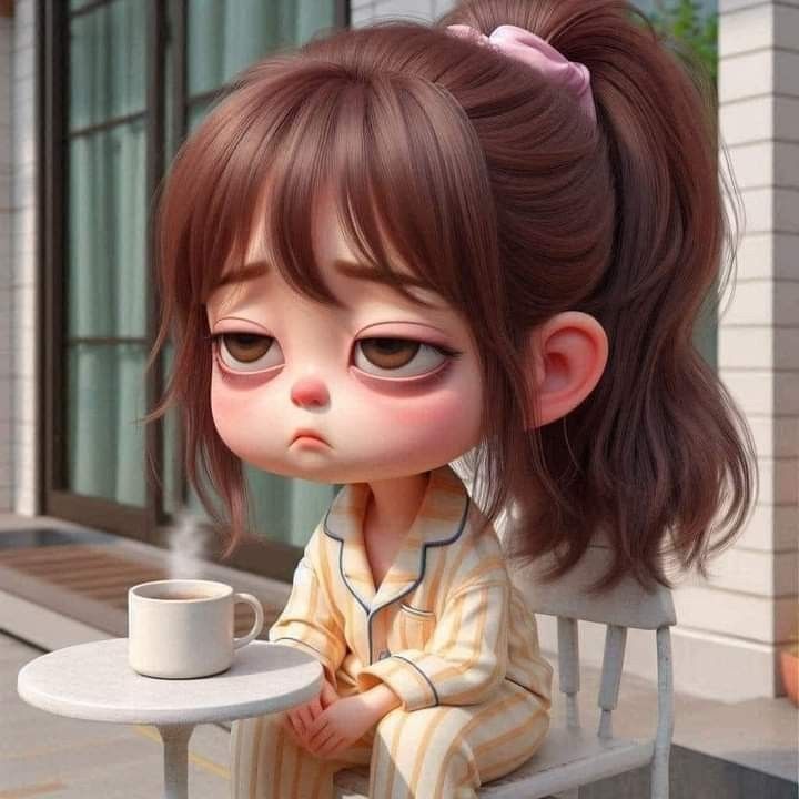 Hình ảnh chibi mệt mỏi cute - uống cà phê