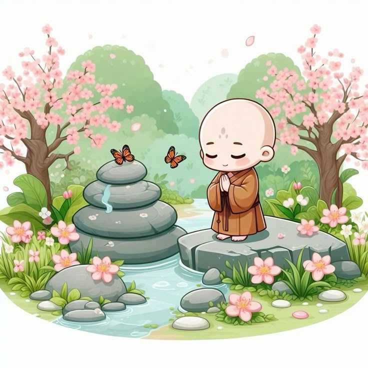 Hình ảnh chú tiểu chibi - cầu nguyện bên suối