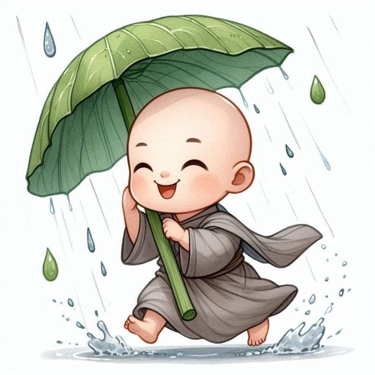 Hình ảnh chú tiểu chibi - Che mưa
