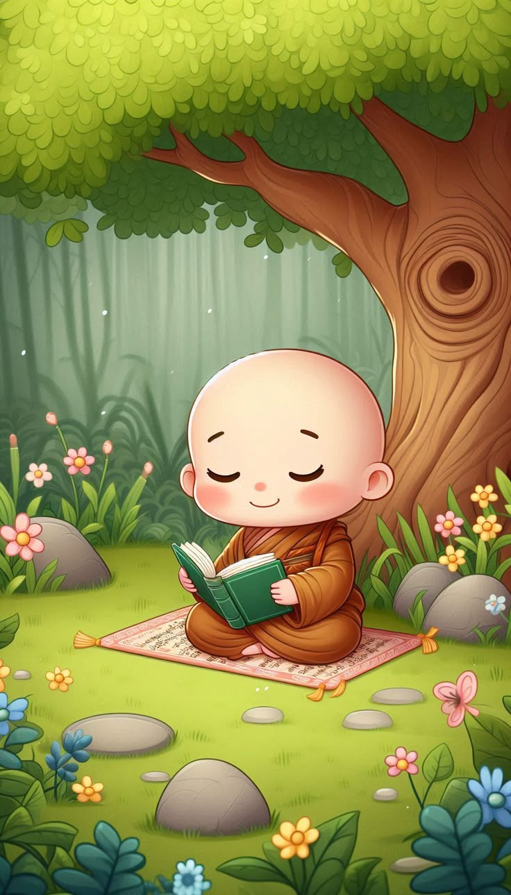 Hình ảnh chú tiểu chibi - Đọc sách