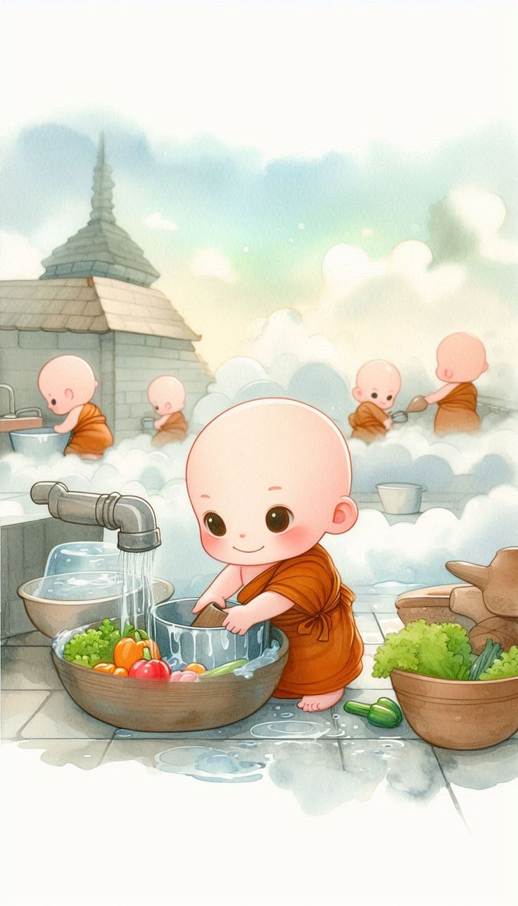 Hình ảnh chú tiểu chibi - Dưới dòng suối