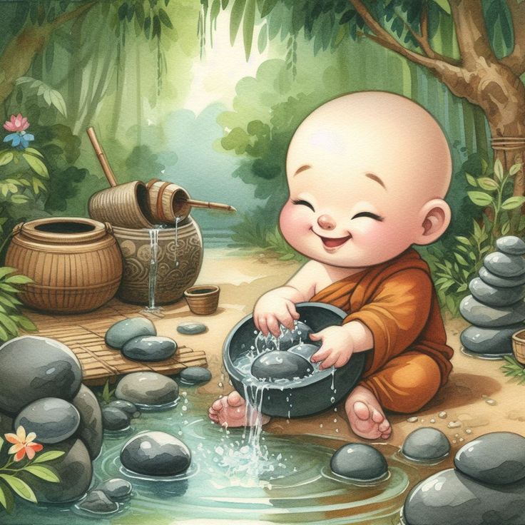 Hình ảnh chú tiểu chibi - Giặt đồ