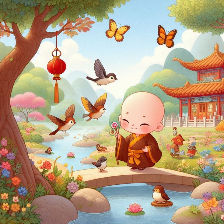 Hình ảnh chú tiểu chibi - Hòa mình vào thiên nhiên
