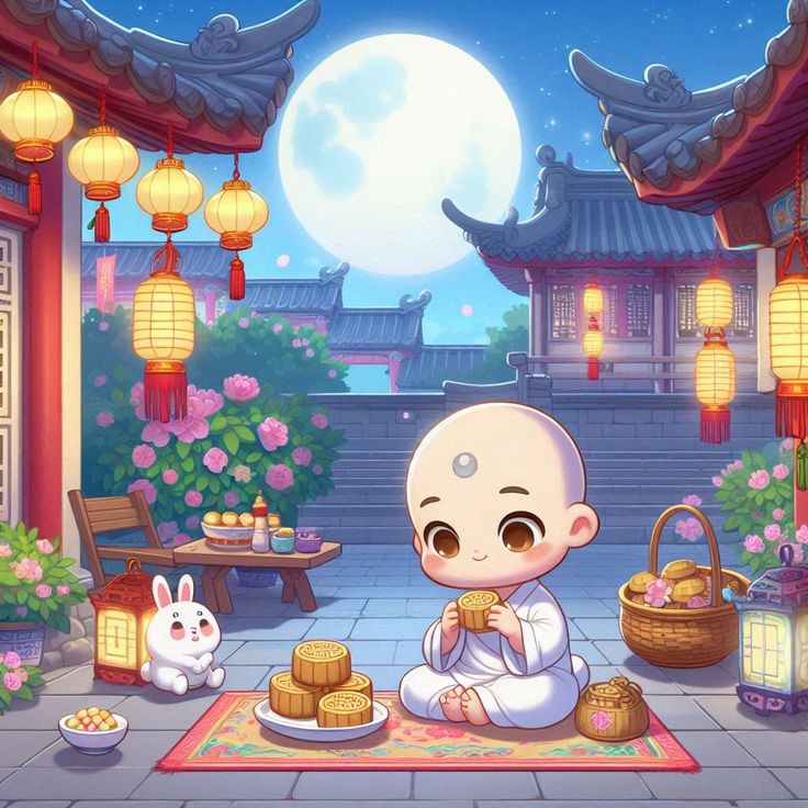 Hình ảnh chú tiểu chibi - Làm bánh trung thu