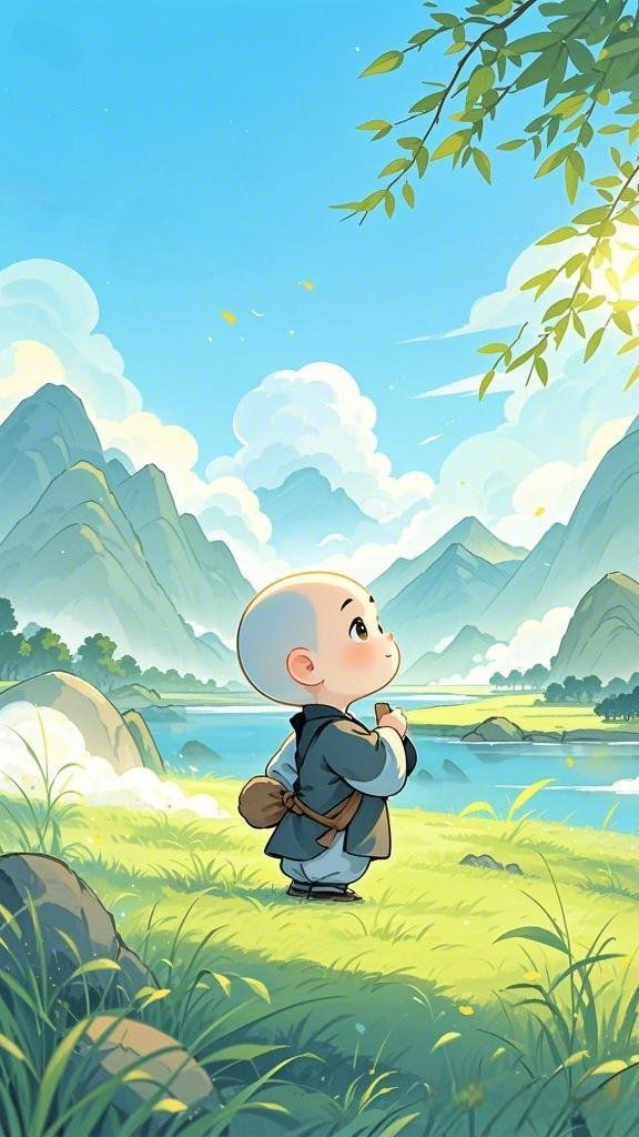 Hình ảnh chú tiểu chibi - Ngắm phong cảnh